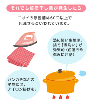 それでも部屋干し臭が発生したら。ニオイの原因菌は60℃以上で死滅するといわれています。ハンカチなどの小物にはアイロンがけを。熱に強い生地は、鍋で「煮洗い」が効果的（色落ちや痛みに注意）。