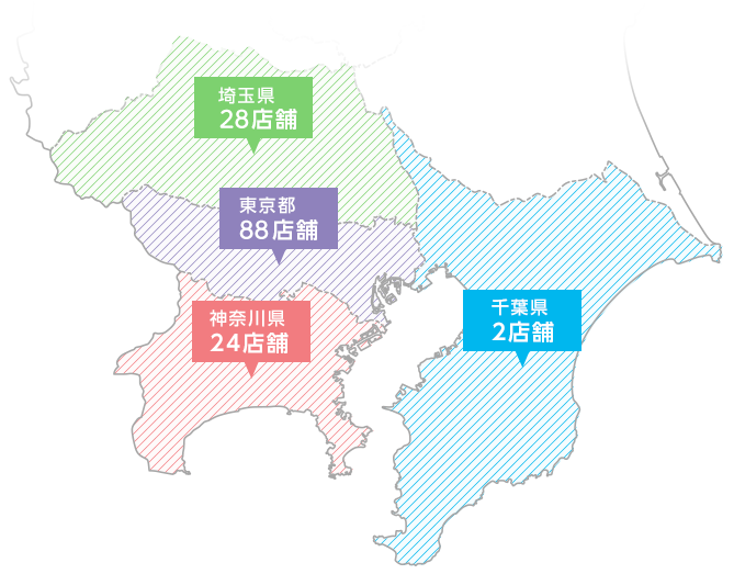 埼玉県、28店舗。千葉県、2店舗。神奈川県、24店舗。東京都、88店舗。
